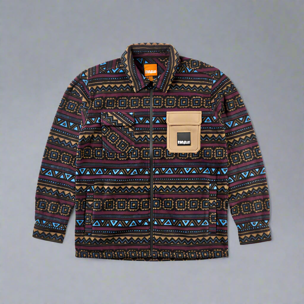 Patterned jacket with a brand logo on a white background