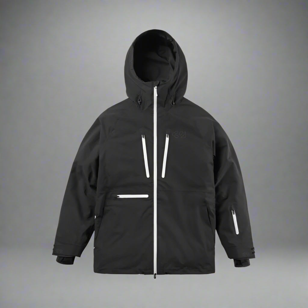 Black jacket with reflective stripes on a white background