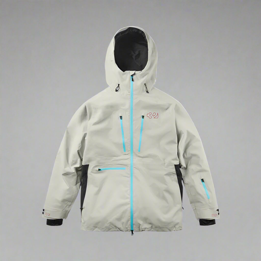 Light gray winter jacket with blue accents on a white background