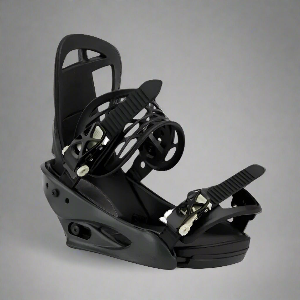 Black snowboard bindings on a white background