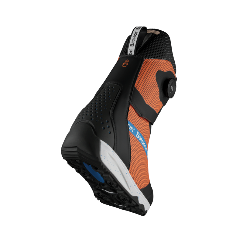 Orange black and blue snowboard boot