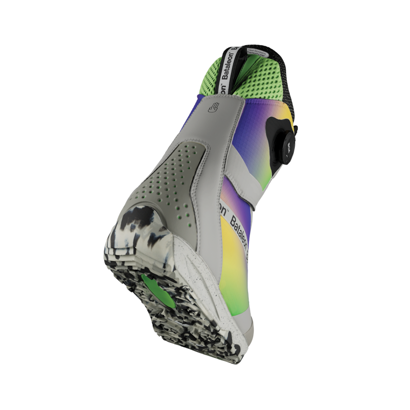 Gray black and multi color snowboard boot