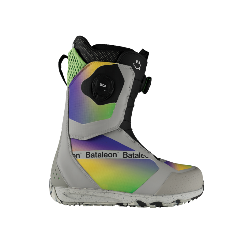 Gray black and multi color snowboard boot