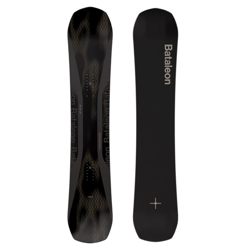 Black snowboard with Bataleon branding on a white background