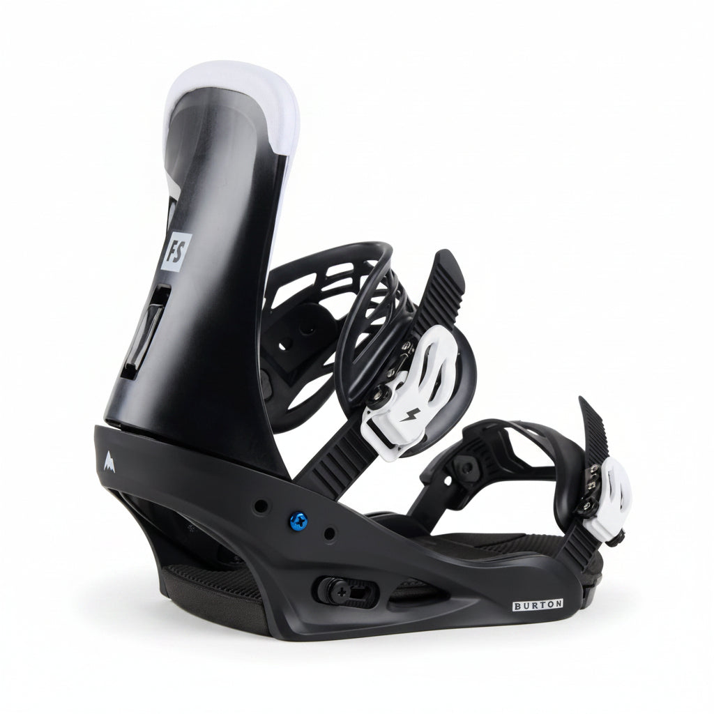 Black snowboard binding on a white background