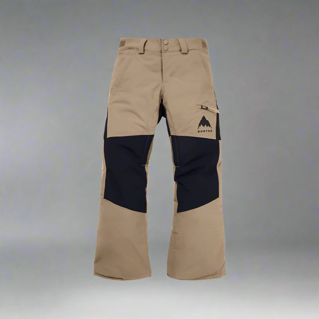 Beige and black pants with a brand logo on a white background