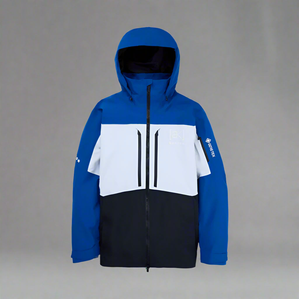 Blue and white jacket with a hood on a light gray background