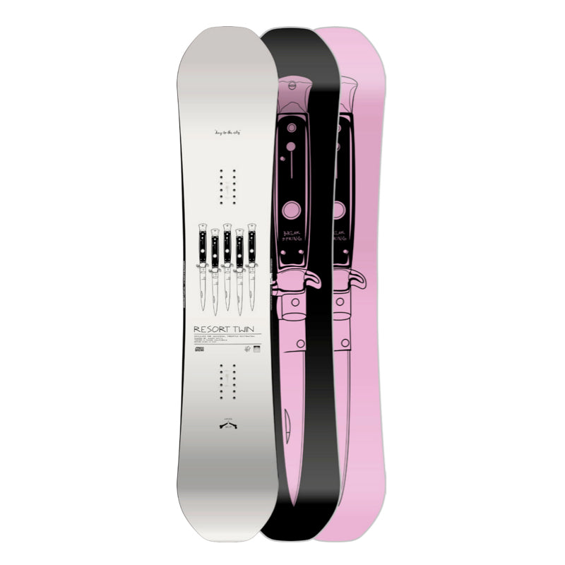 Two snowboards, one white and one pink with black accents, on a white background.