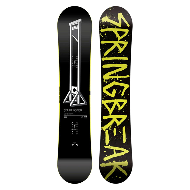 Black snowboard with 'Springbreak' text on a white background