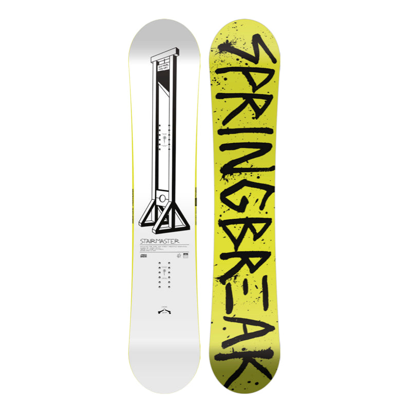 Two snowboards, one white with black design and the other yellow with 'STANGBREAK' text, on a white background.