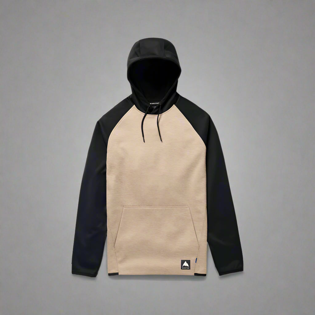 Hoodie with black sleeves and beige body on a white background