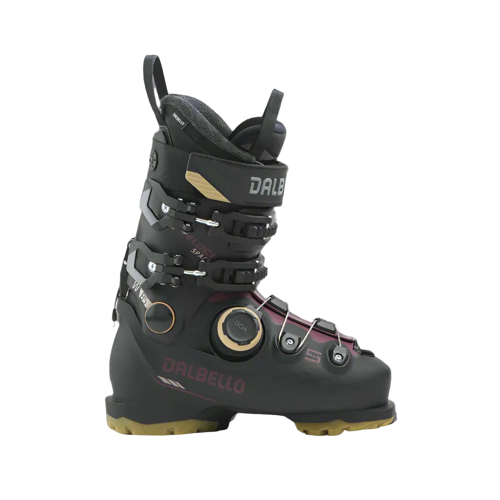 Black ski boot with visible branding on a gray background
