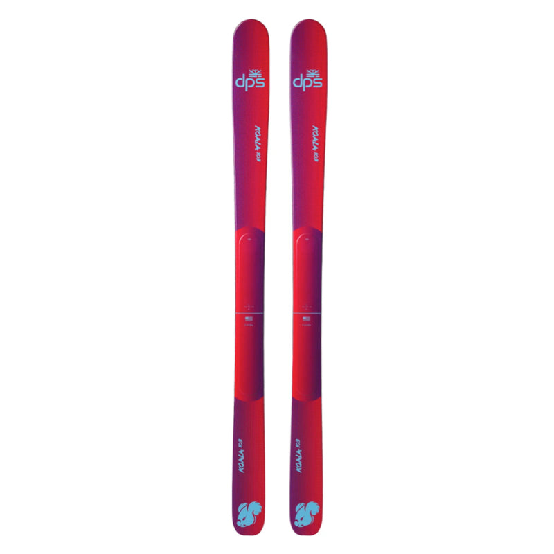 A pair of DPS Arosa Air ski tips shown vertically against a plain white background, featuring a red-to-purple gradient with light blue branding.