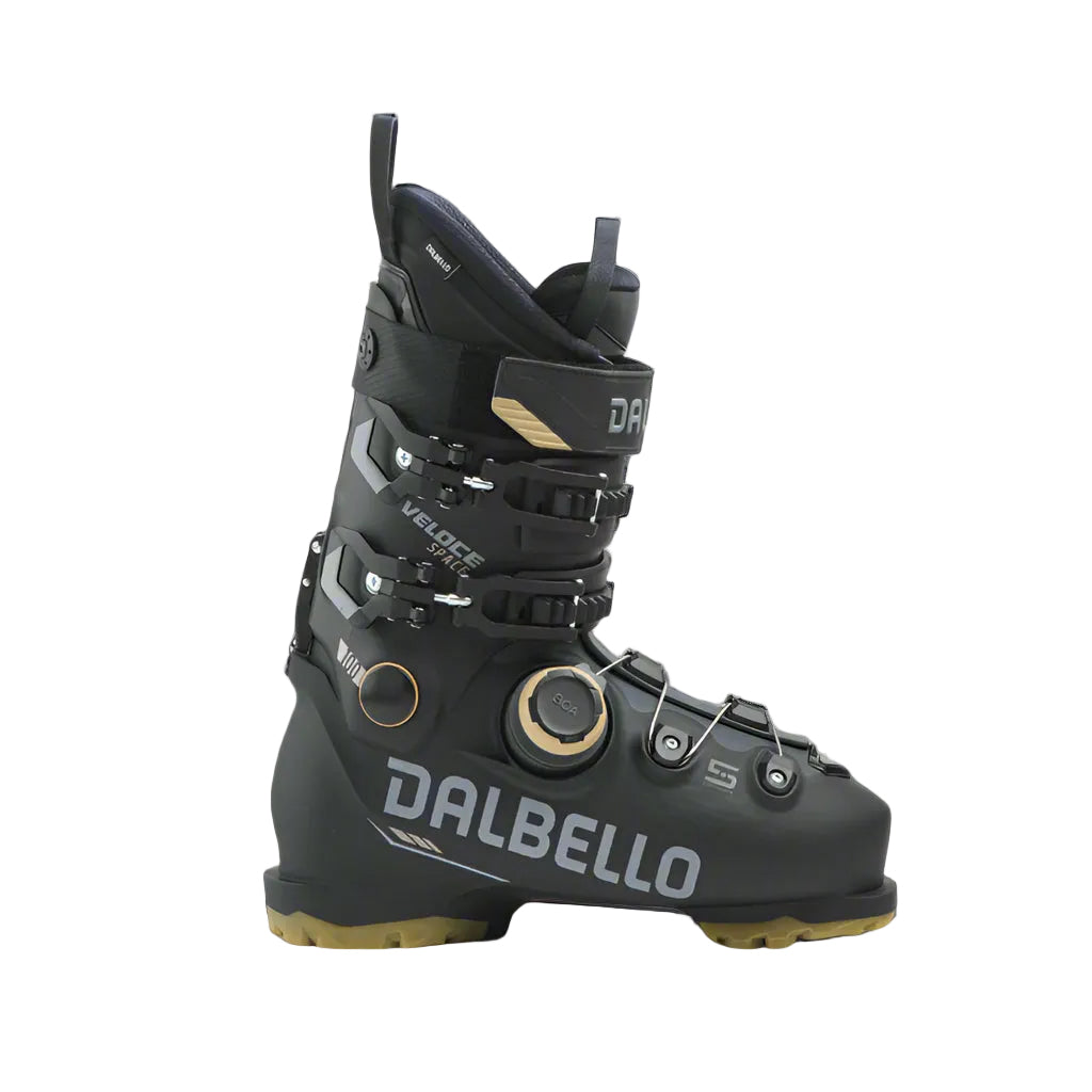Black Dalbello ski boot on a white background
