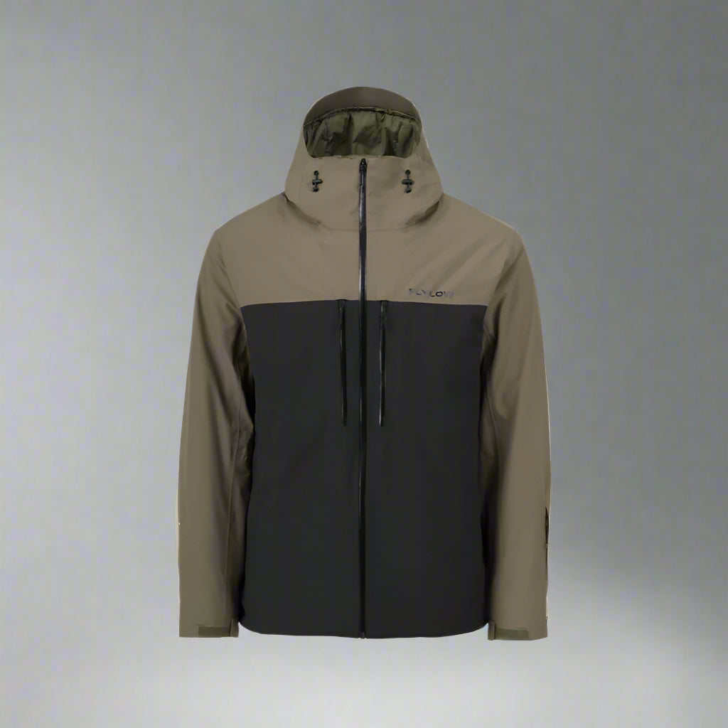 Two-tone jacket with olive green and black colors on a white background
