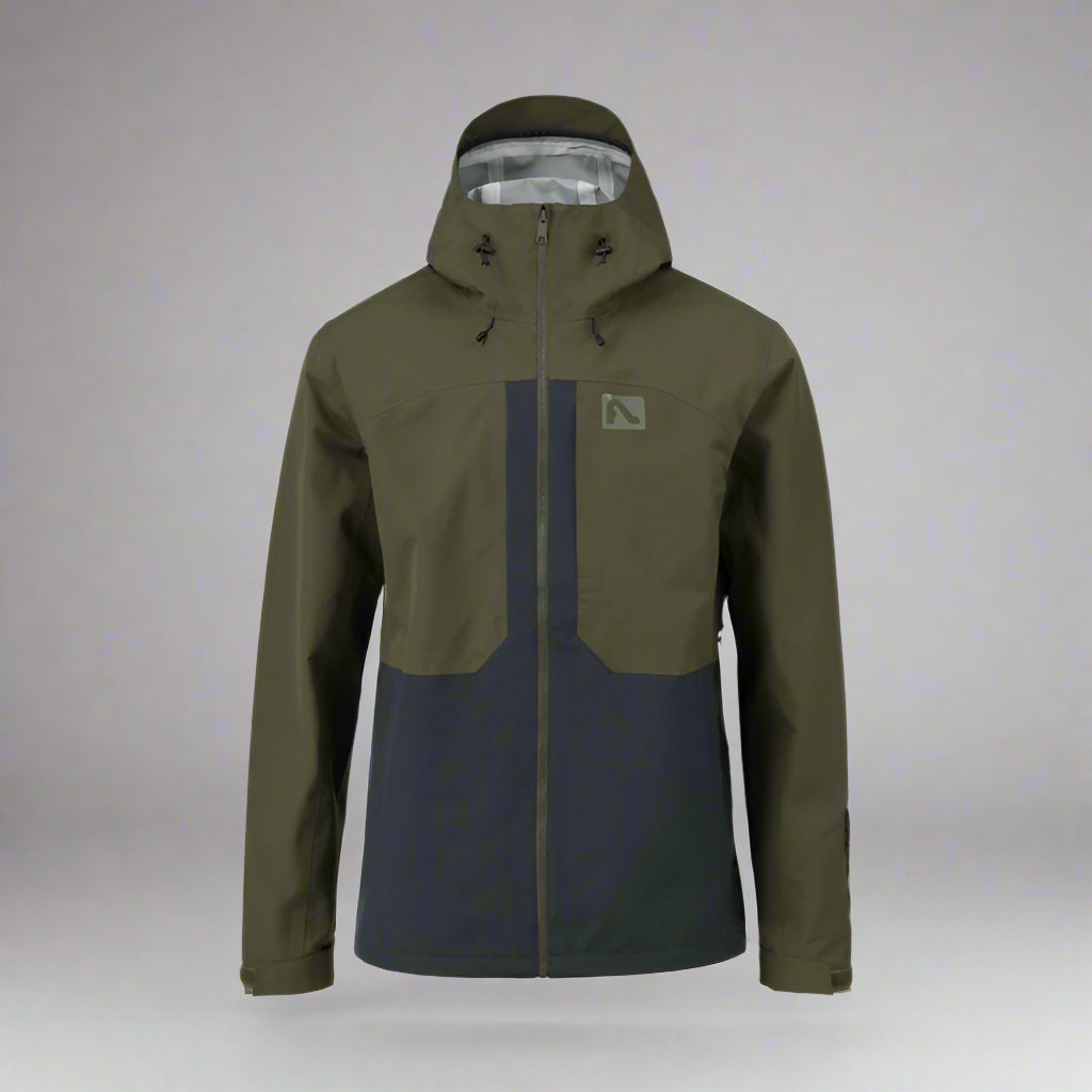 Green and black jacket with a brand logo on a white background