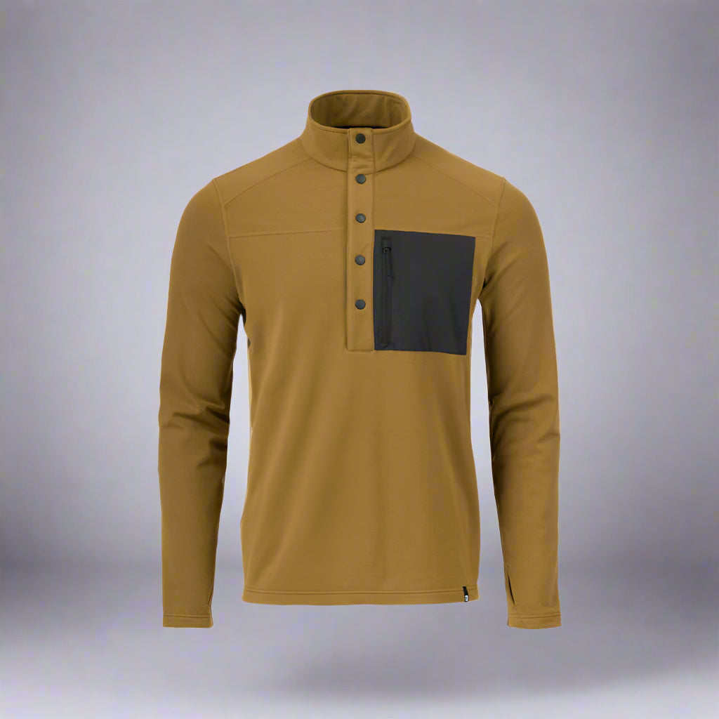 Brown long-sleeve shirt with a black pocket on a white background