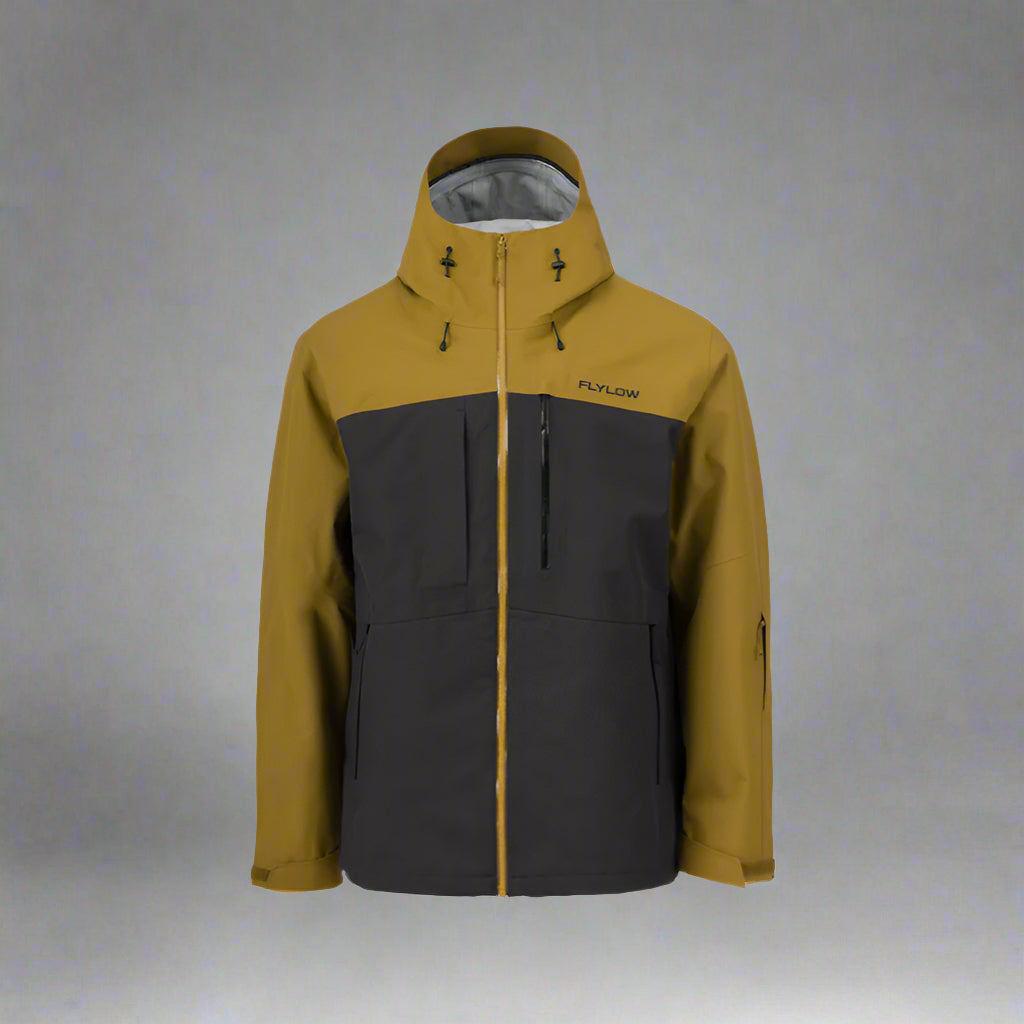 Two-tone yellow and black jacket with a brand logo on a white background