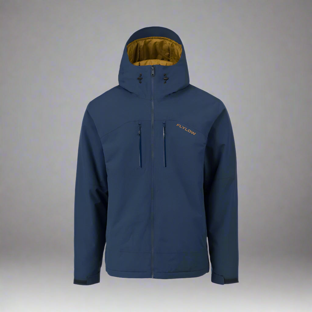 Navy blue jacket with a brand logo on a white background