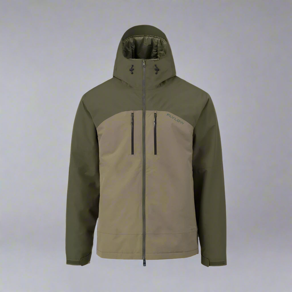 Green and brown jacket with a brand logo on a white background