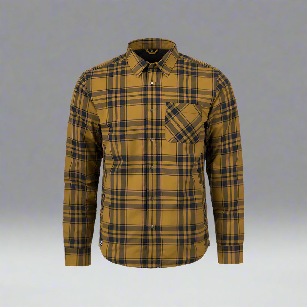 Plaid shirt with mustard yellow and navy blue pattern on a white background