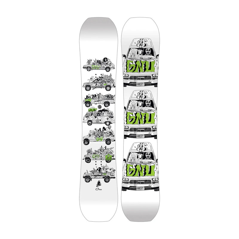 A white snowboard shown from both sides, featuring a black and green graphic print of a vintage van with the text 'CND' and illustrated characters.