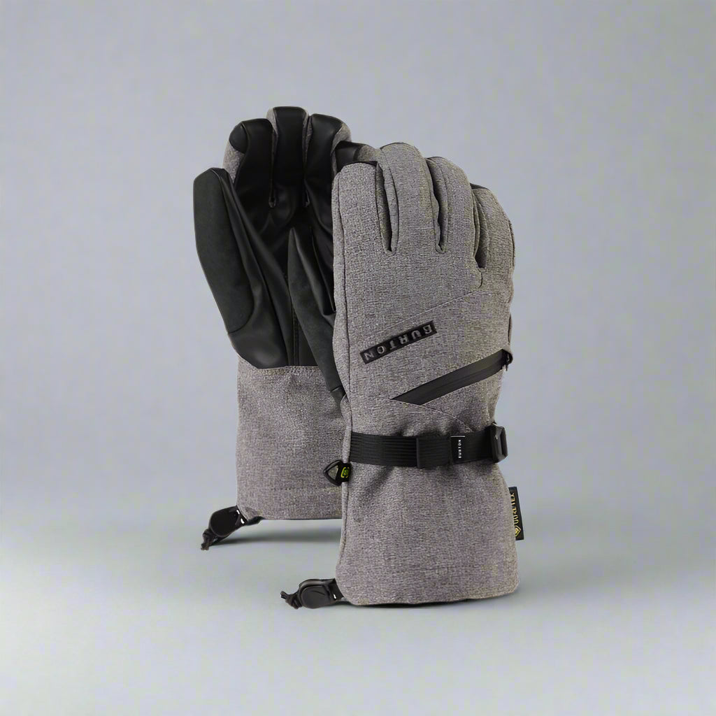 Pair of gray gloves with black accents on a white background