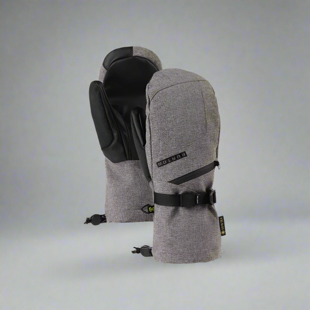 Pair of gray gloves with black accents on a white background