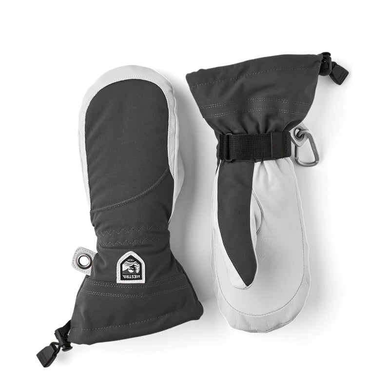 A pair of gray and white insulated mittens with wrist straps and carabiner clips, displayed on a clean white background.