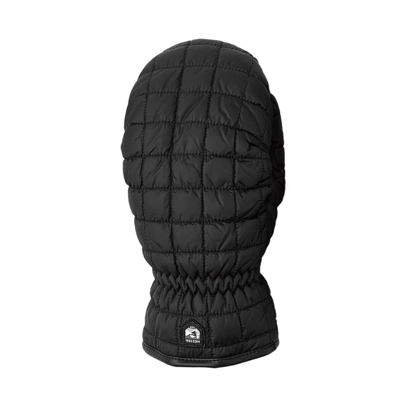 A black quilted balaclava face mask with a gathered elastic wrist strap and a small white logo patch on the front, shown against a plain white background.