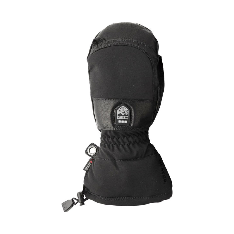 A single black winter glove with a built-in thumb, featuring a black and gray logo patch on the back of the hand and a quick-release strap at the wrist, shown against a plain white background.