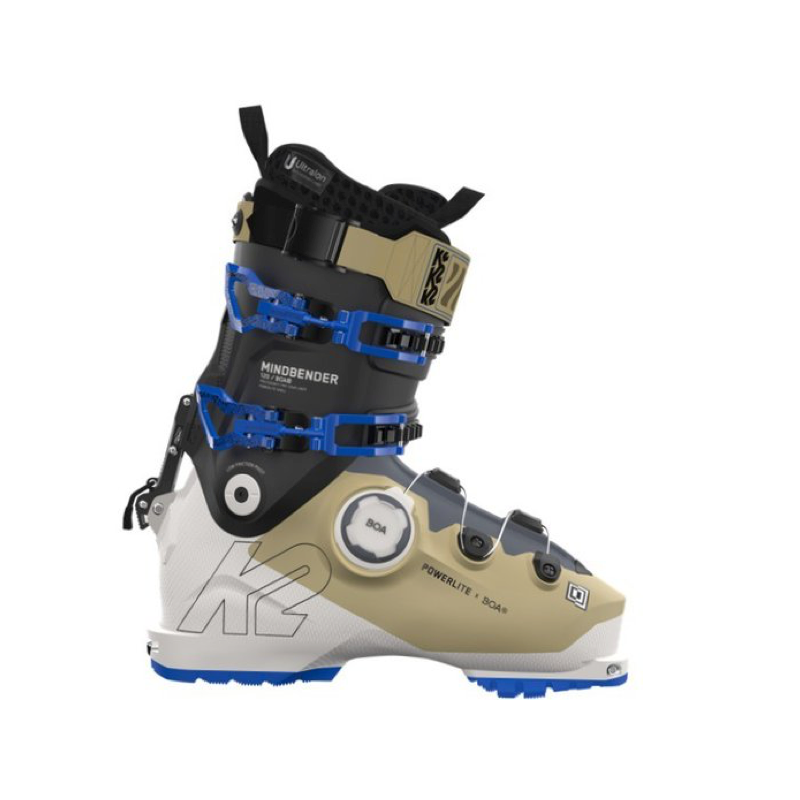 Black tan and blue ski boot