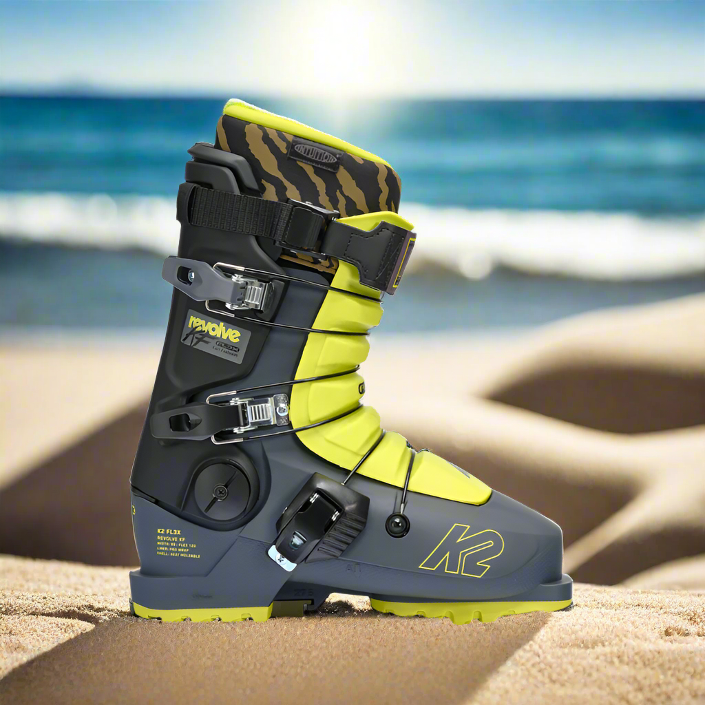 Black blue and yellow ski boot