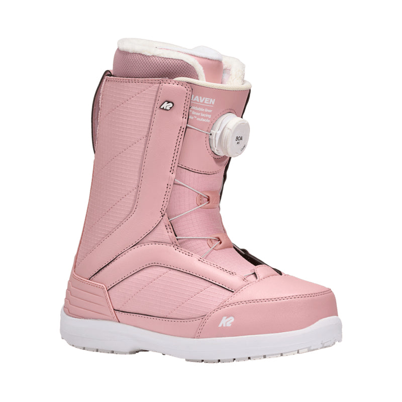 Pink snowboard boot with white accents on a white background