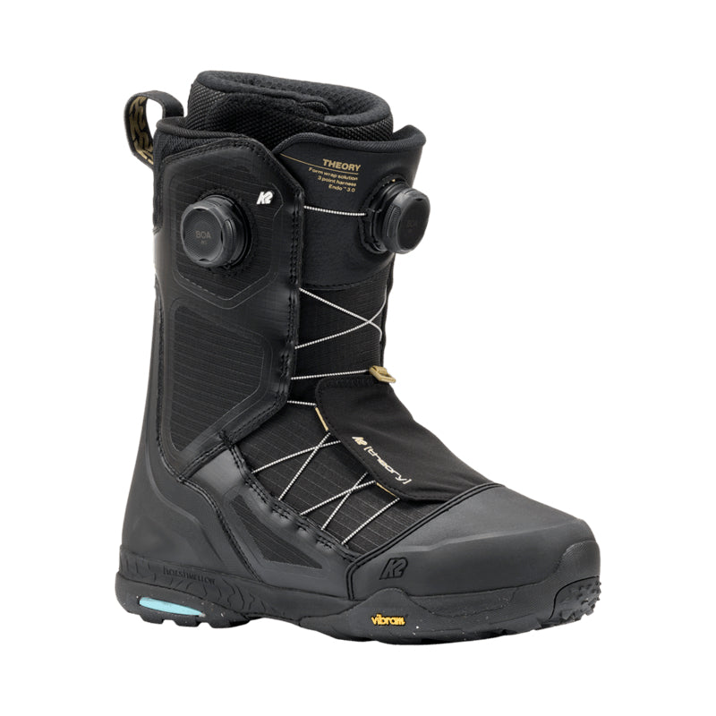 Black snowboard boot with visible branding on a white background