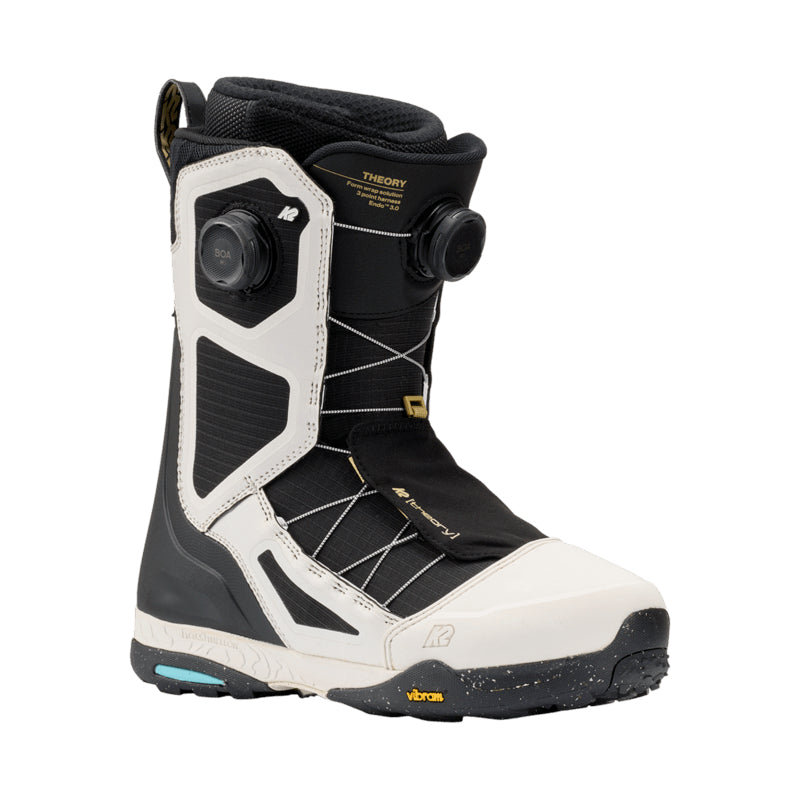 Black and white snowboard boot with visible brand logos on a white background