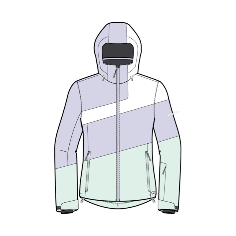 A color-blocked hooded jacket shown as a front-facing line drawing on a plain white background. The jacket has a light lavender upper section, a white chest band, and a pale mint green lower section.