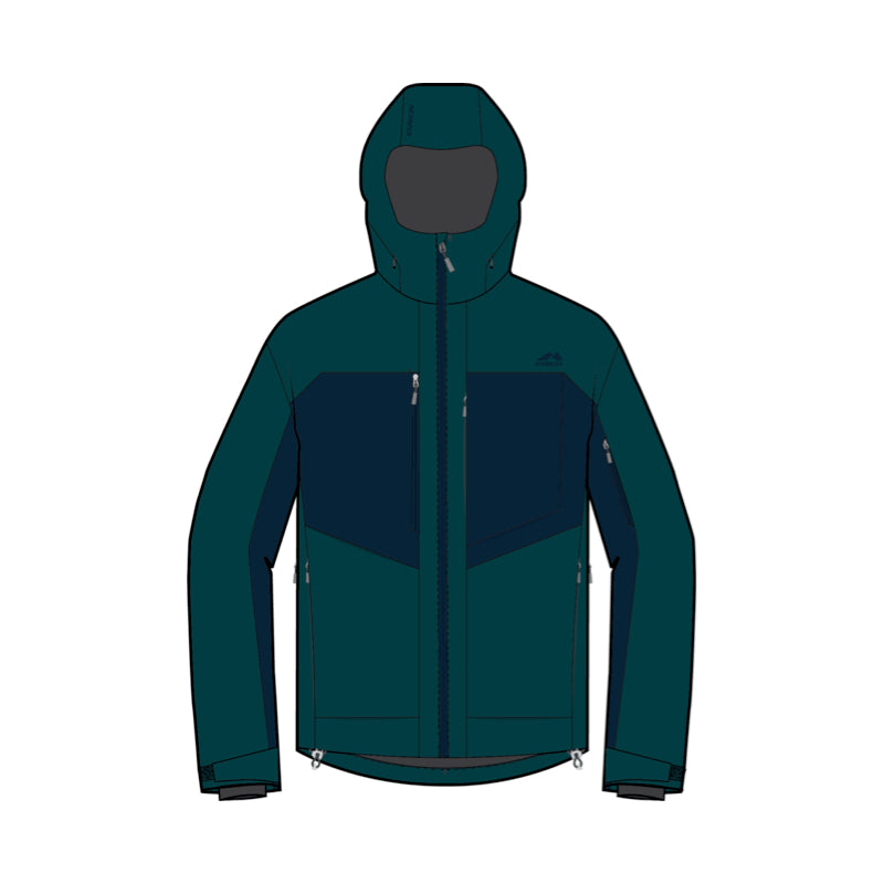 A dark teal and navy hooded jacket shown front-facing on a plain white background.