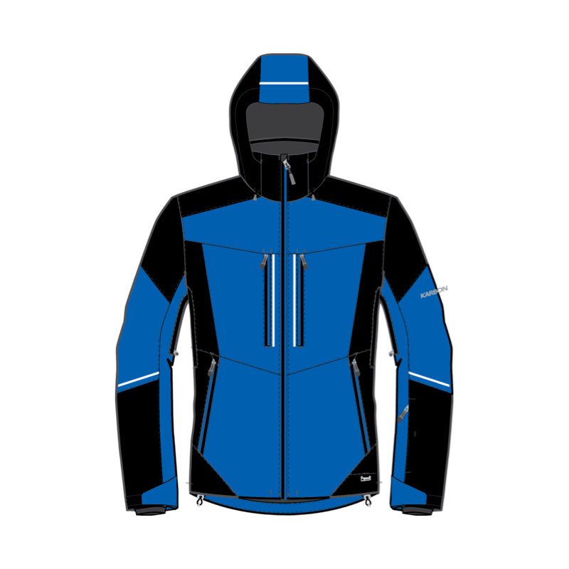 A technical hooded jacket shown front-facing on a plain white background. The jacket is primarily royal blue with large black panels on the hood, shoulders, and parts of the sleeves, plus small white reflective-looking zipper pulls and subtle white text on the sleeve.