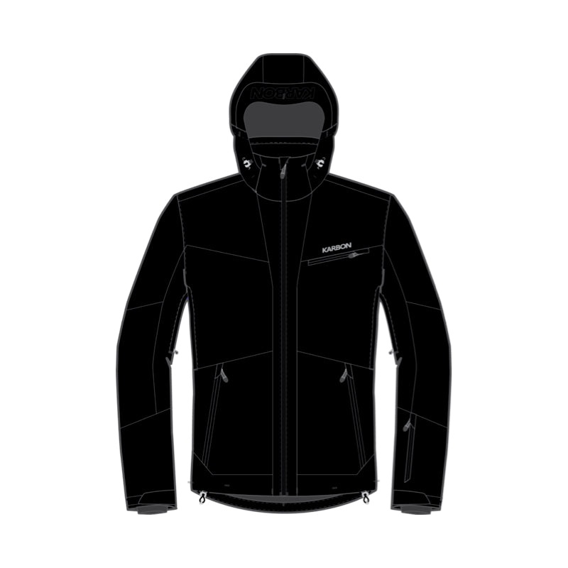 A black hooded technical jacket with a full front zipper, zippered hand pocket, and a small white K2SON logo on the left chest, shown on a plain white background.