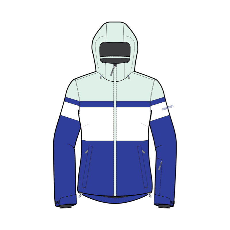 A color-blocked hooded jacket shown as a front-facing flat technical illustration on a white background. The jacket features a pale mint green upper section, a wide white chest band, and royal blue lower sections and sleeves.