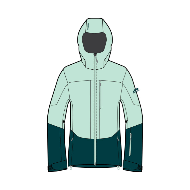 A technical hooded jacket shown front-facing on a plain white background, with a light mint green upper body and dark teal lower body and sleeves.