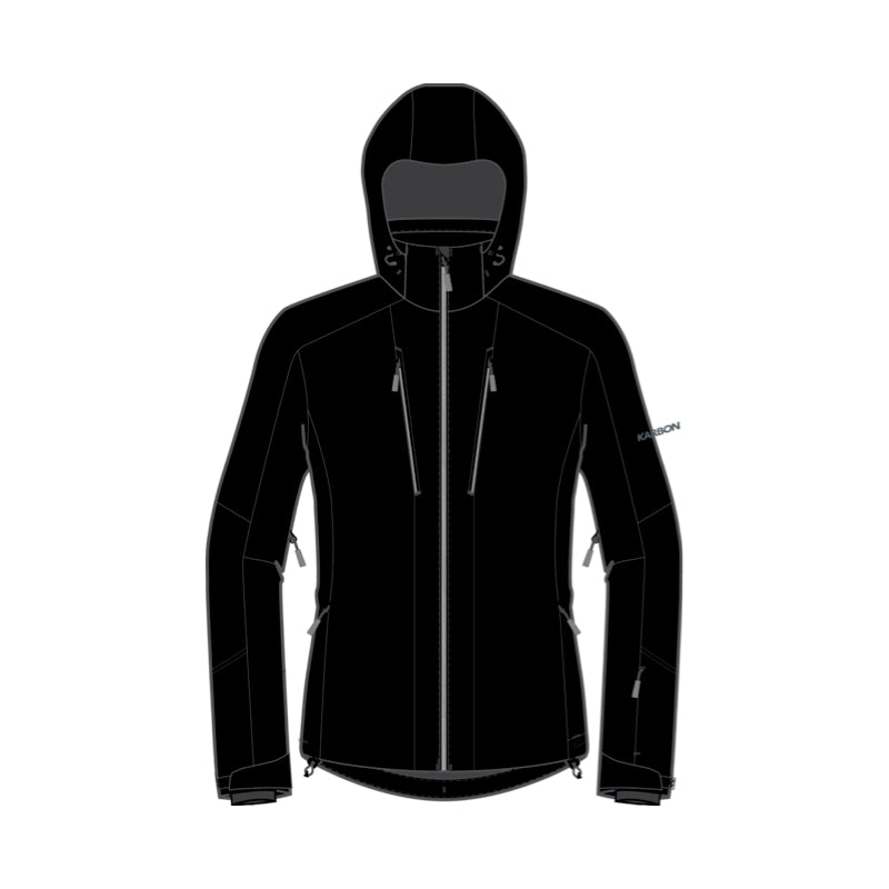 A black hooded technical jacket shown front-facing on a plain white background, with a full front zipper, zip hand pockets, and a small visible HUK brand mark on the upper right sleeve.