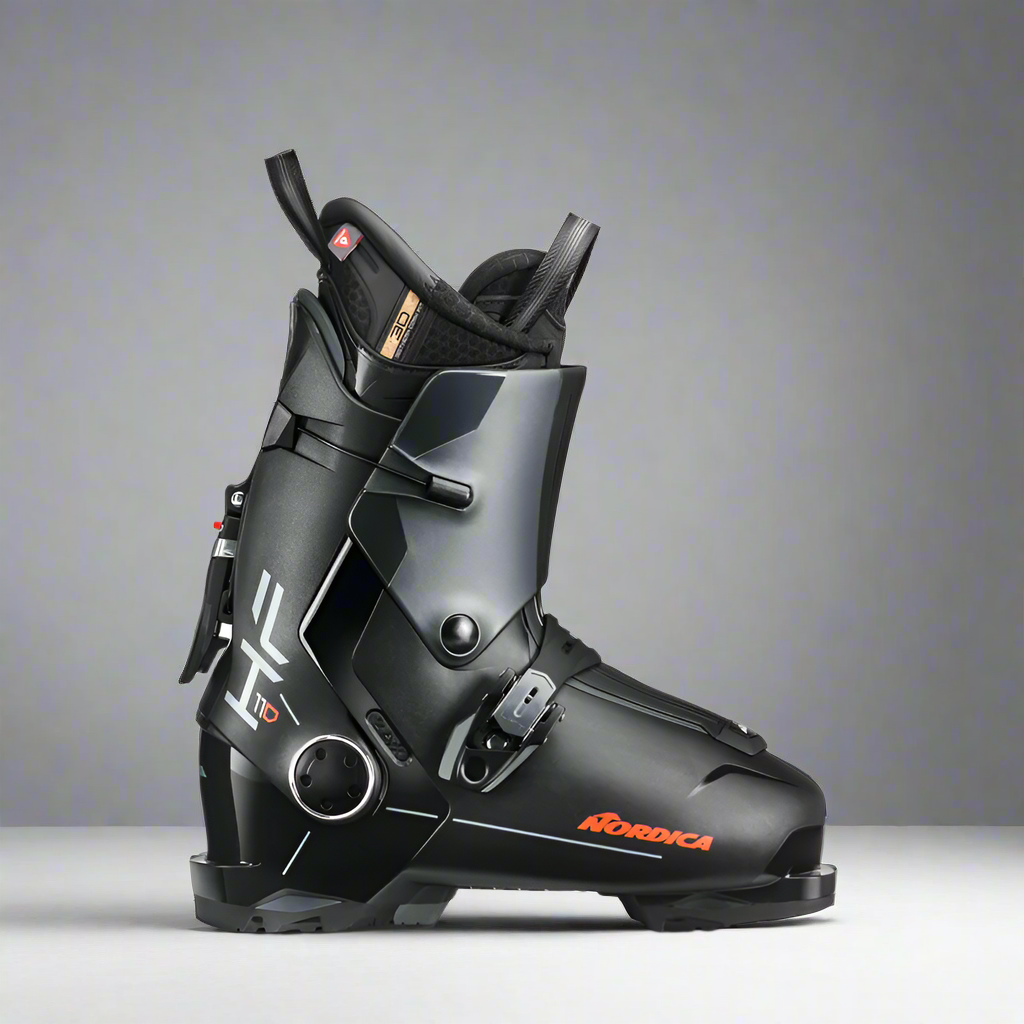 black gray and red ski boot