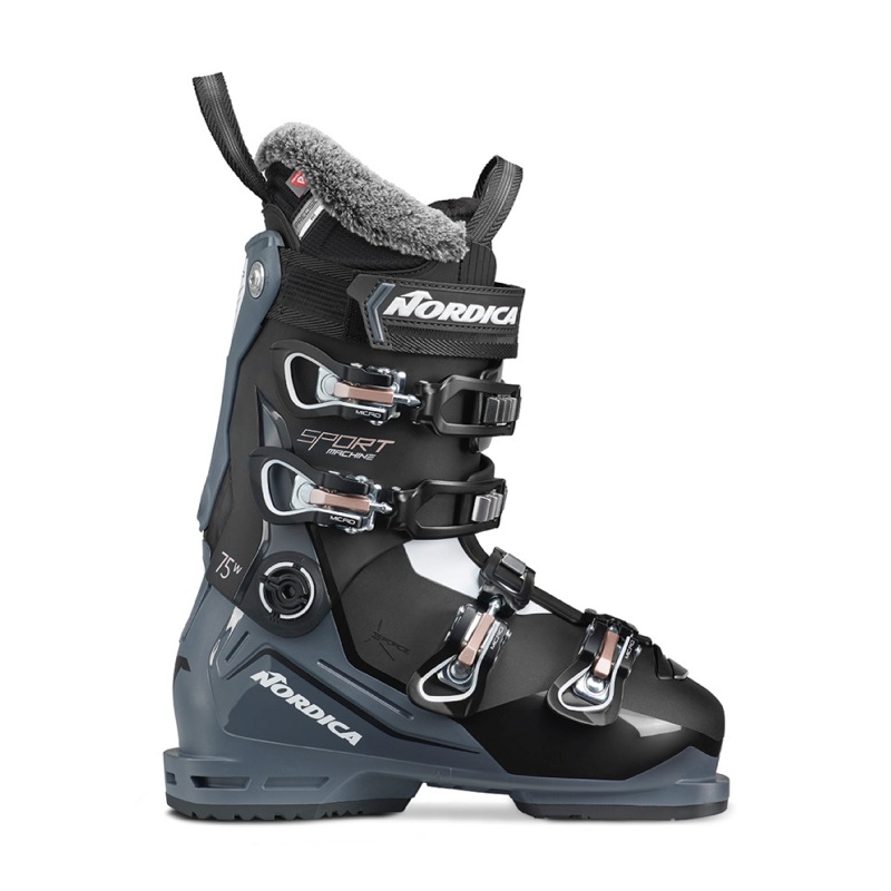 Black blue and white ski boot