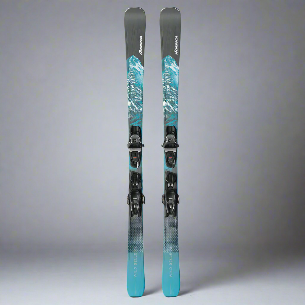 blue and gray skis with bindings