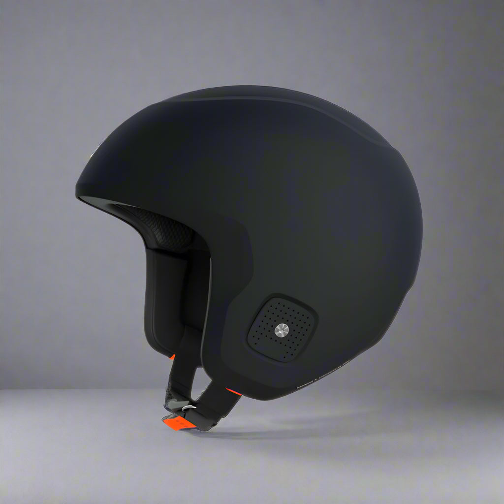 Black helmet with a small speaker grille on a white background
