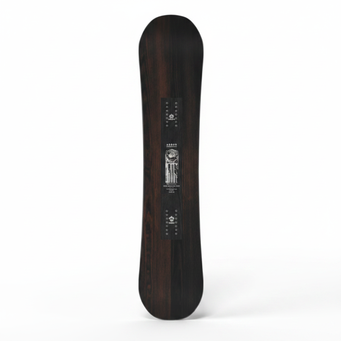 Black snowboard with brand logo on a white background