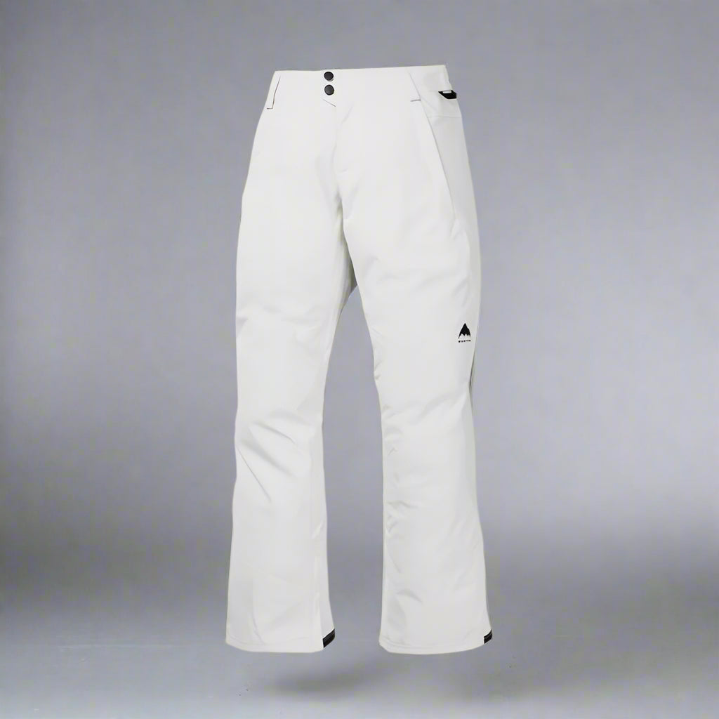 White snow pants with a small logo on a white background