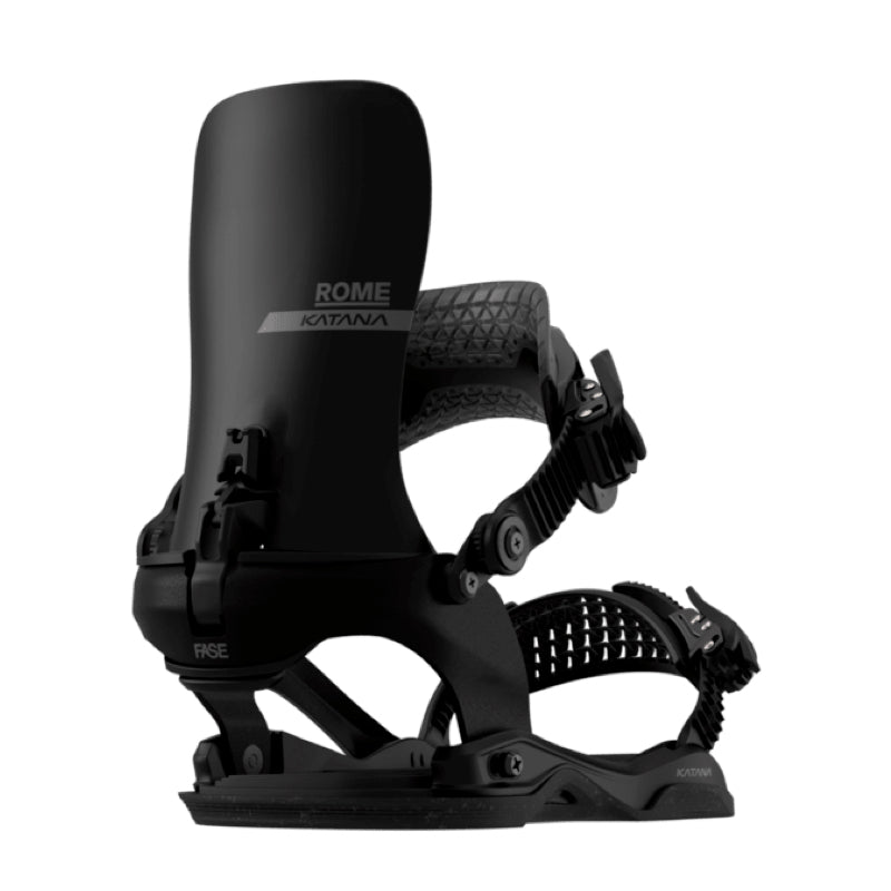 Black snowboard binding with 'Rome' branding on a white background